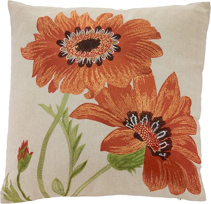 SARO LIFESTYLE 434P Le Tournesol Collection Embroidered Sunflower Design Linen Blend Filled Throw Pillow, Orange