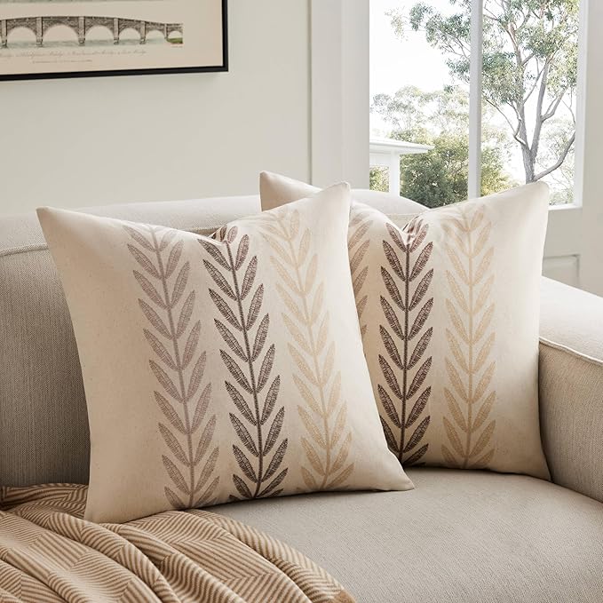 YZJZEDS 100% Cotton Farmhouse Leaves Throw Pillow Covers Set of 2, 18x18 Inch Mixed Beige Pastoral Decorative Print Cushio...