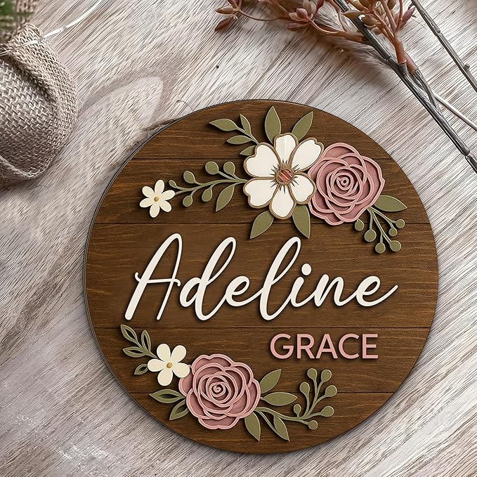 Floral Name Sign for Nursery Decor for Girls – Personalized Wooden Name Signs for Nursery with Flowers, Baby Girl's Custom...