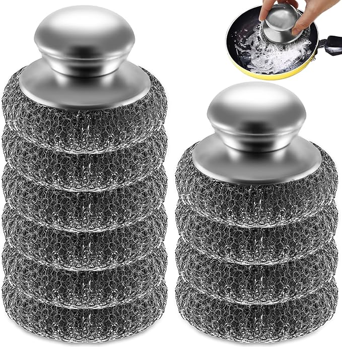 10Pcs Steel Wool Scrubber, Steel Wool Pads with 2Pcs Handle, Stainless Steel Scrubber for Dishes, Kitchen, Cleaning, Stove...