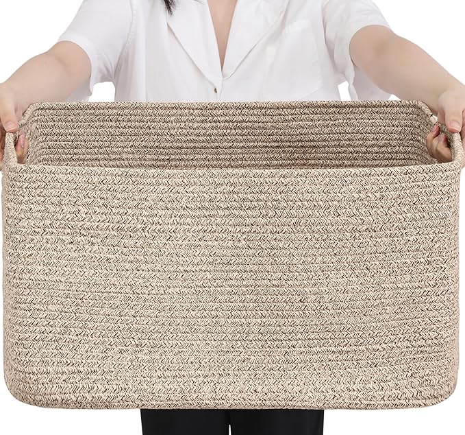 Optish 75L Large Blanket Basket, Woven Storage Baskets with Reinforced Handles, Rope Laundry Basket for Living Room, Bedro...