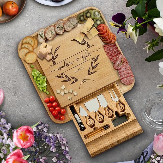 Personalized Charcuterie Board Gift Set - Custom Engraved Bamboo Cheese Board with Knife Set, Monogrammed Serving Platter ...