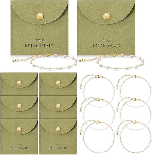 Quelay 16 Pcs Jewelry Bridesmaid Gift Pearl Bracelet Microfiber Jewelry Bag Pouch Set of 8 for Wedding Bridal Party Favor