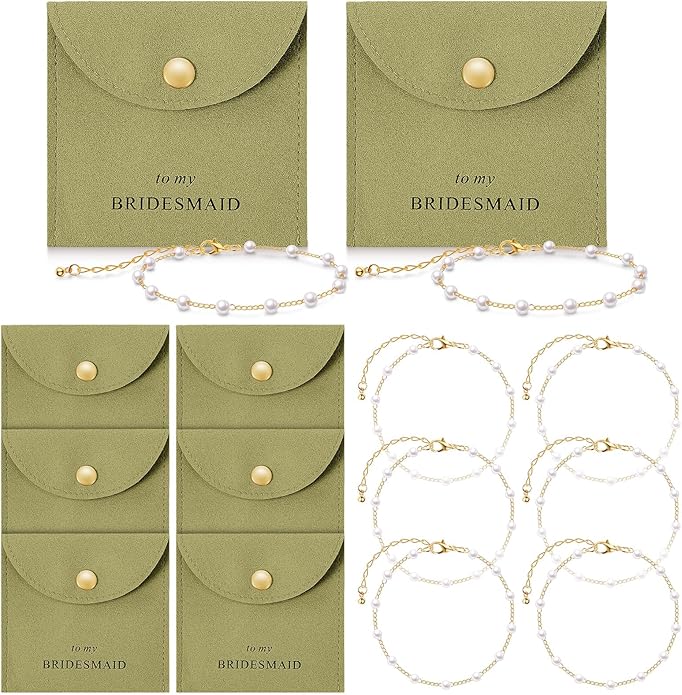 Quelay 16 Pcs Jewelry Bridesmaid Gift Pearl Bracelet Microfiber Jewelry Bag Pouch Set of 8 for Wedding Bridal Party Favor
