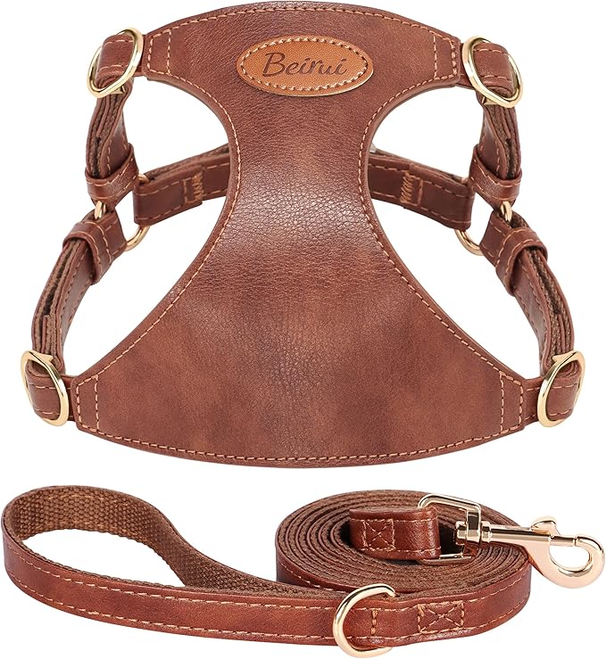 Beirui ‌Stylish PU Leather Dog Harness‌ and Leash Set for Small Dogs, ‌Adjustable Step in Dog Vest Harness with Breathable...