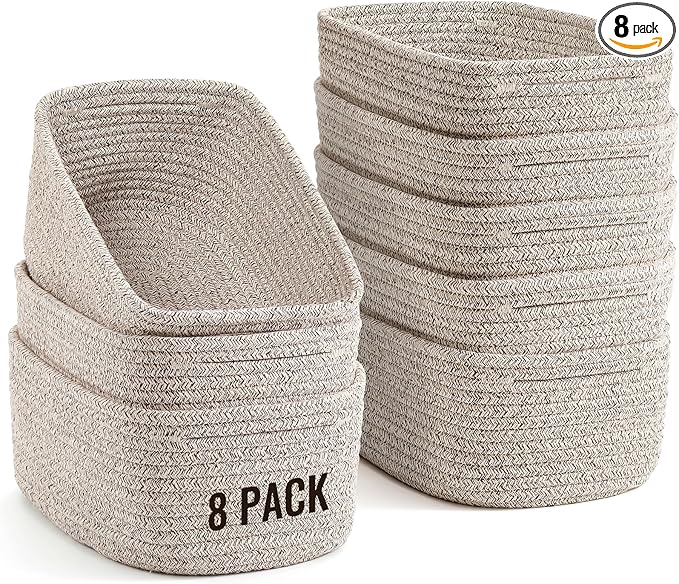 8 Pack Small Storage Baskets for Organizing, Woven Rope Bins for Bathroom, Closet, Shelf Organizer, Cute Cube Decorative B...