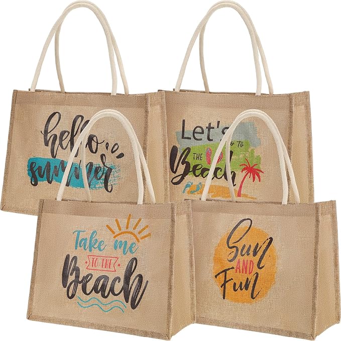 Sweetude 4 Pcs Burlap Tote Bags with Handles for Women Burlap Tote Summer Straw Beach Bag 13.8 x 5.9 x 10.6 Inches(Beach)