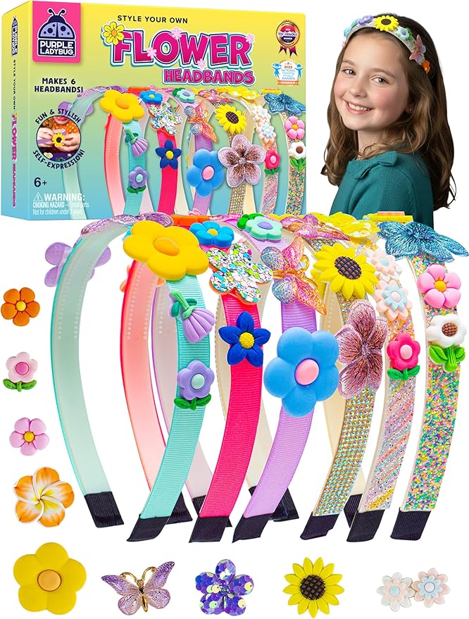 PURPLE LADYBUG Flower Headband Making Kit for Girls - Summer Toys for Kids Ages 4-8, Summer Crafts for Kids, 6 Year Old Gi...