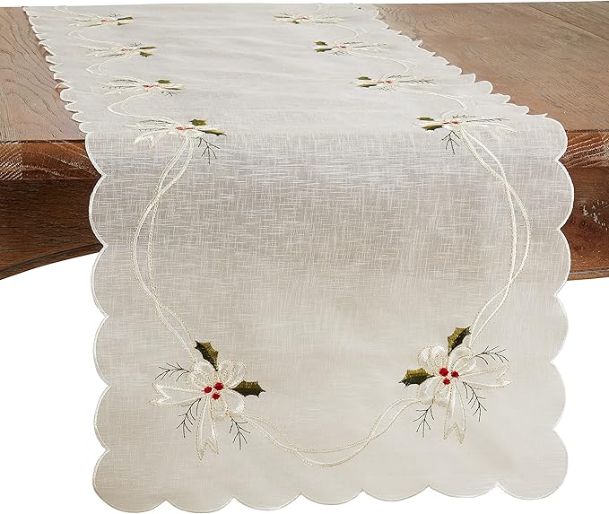 SARO LIFESTYLE Winika Collection Embroidered Holly and Ribbon Table Runner, 16"x90", White