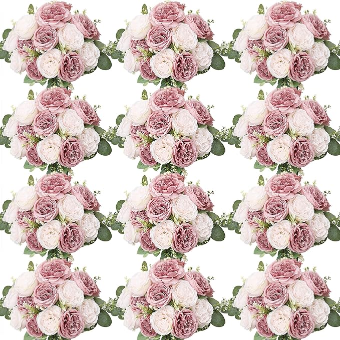 Nagobi Peonies Artificial Flowers Bulk, 12 Bundles Fake Silk Peonies Faux Eucalyptus Bouquet Realistic Peony Floral Arrang...