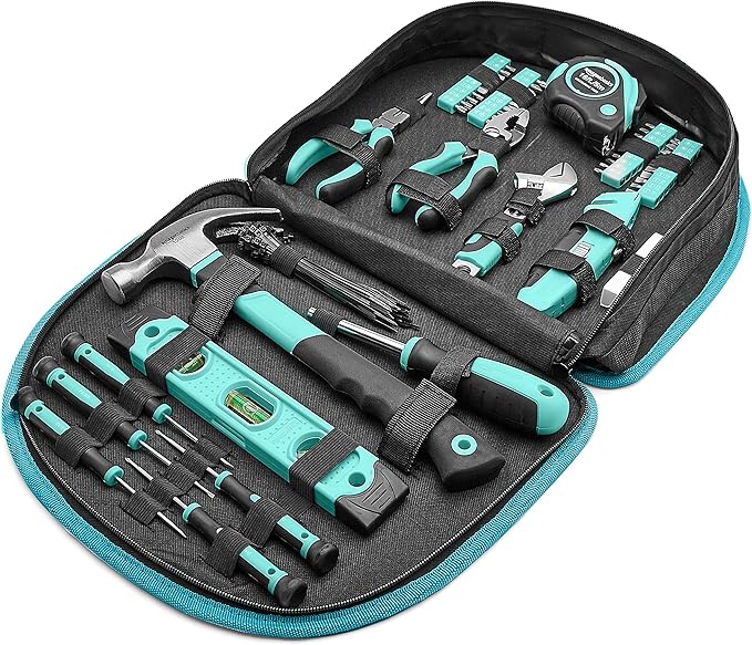 Amazon Basics 104-Piece Home Repair Household Tool Set with Easy Carrying Round Pouch, Portable Hand Tool Kit, Turquoise, ...