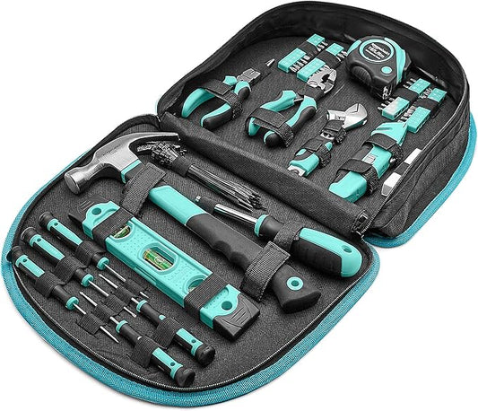 Amazon Basics 104-Piece Home Repair Household Tool Set with Easy Carrying Round Pouch, Portable Hand Tool Kit, Turquoise, ...