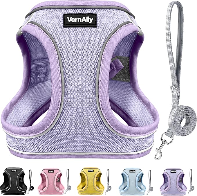 VernAlly Sparkly Dog Harness Small Sized and Leash Set for Small Dogs Cats,Purple S Puppy Harness, Step in Soft Dog Reflec...