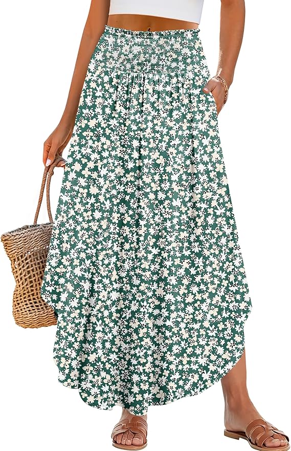 ANRABESS Women's Maxi Skirts Summer Boho Floral High Waisted Flowy Swing Pleated Beach Long Skirt with Pockets