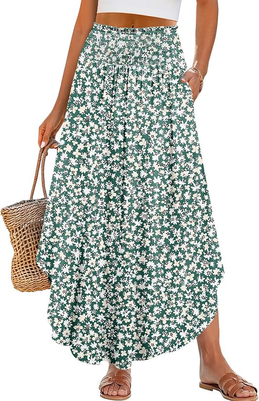 ANRABESS Women's Maxi Skirts Summer Boho Floral High Waisted Flowy Swing Pleated Beach Long Skirt with Pockets