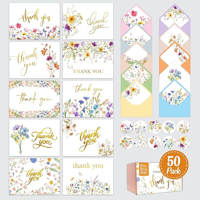 Decorably 50 Pack Gold Foiled 6x4in Wildflower Thank You Cards Wedding with Envelopes and Stickers, 10 Folded Watercolor F...