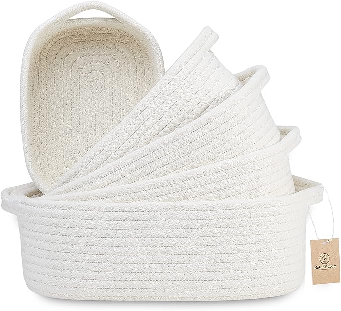 NaturalCozy 5-Piece Rectangle Storage Basket Set- Natural Cotton Rope Woven for Organizing! Small Basket for Montessori, B...