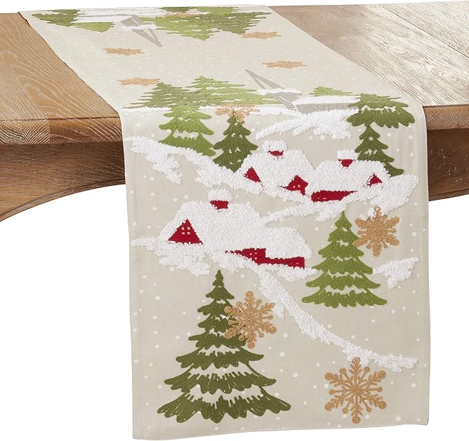 SARO LIFESTYLE Bennett Collection Embroidered Christmas Mountain Table Runner, 16" x 70", Natural