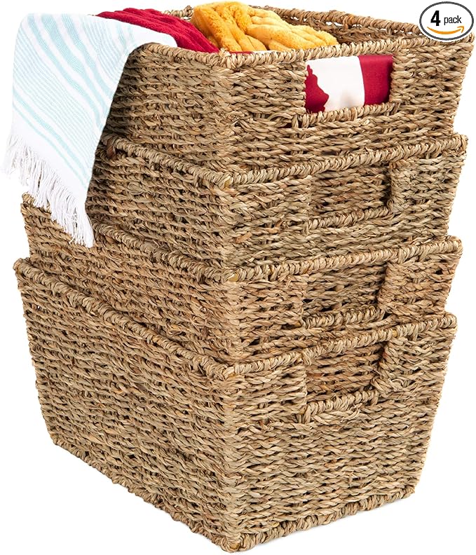 Best Choice Products Rustic Set Of 4 Multipurpose Stackable Seagrass Storage Basket, Handwoven Laundry Organizer Totes for...