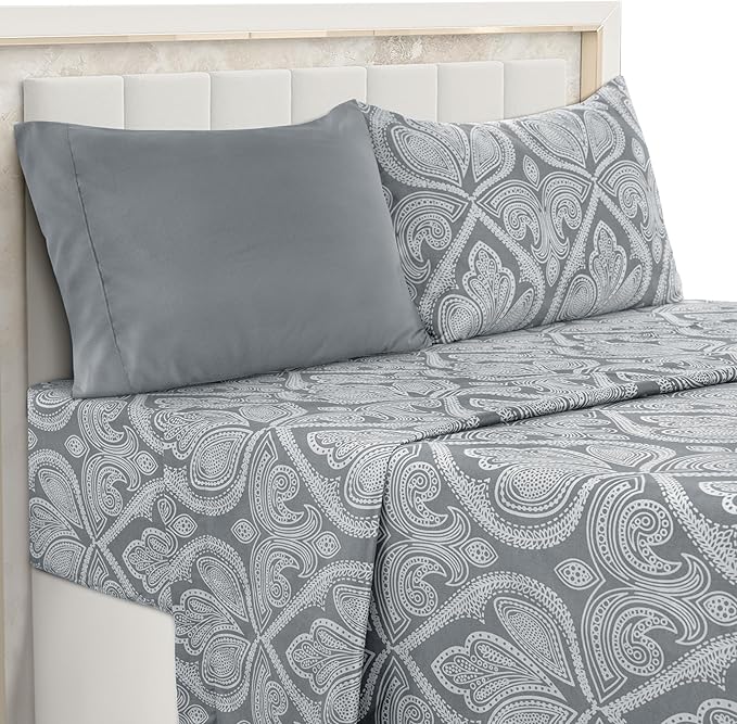 Ultra Soft Wrinkle-Free Microfiber Paisley Twin Sheet Set, Cute Floral Pattern Boho Print – 16" Deep Pocket Fitted Sheet, ...