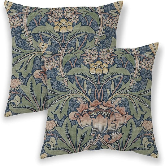 BETGINY Vintage Floral Boho Pillow Covers 18x18 Inch 2 Pcs, Sage Green Blue Red William Morris Flower Decorative Throw Pil...