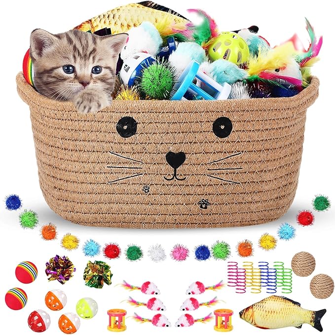 Zopeal 58 Pcs Mother’s Day Cat Storage Basket Gift Toys Set, Colorful Flashing Balls Pet Bell Crinkle Balls Spring Toys At...