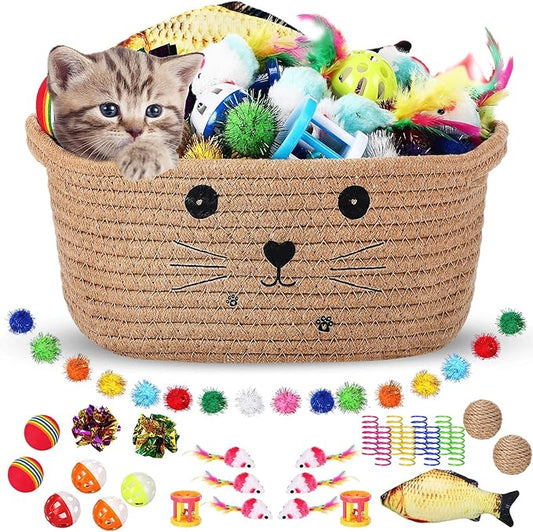Zopeal 58 Pcs Mother’s Day Cat Storage Basket Gift Toys Set, Colorful Flashing Balls Pet Bell Crinkle Balls Spring Toys At...