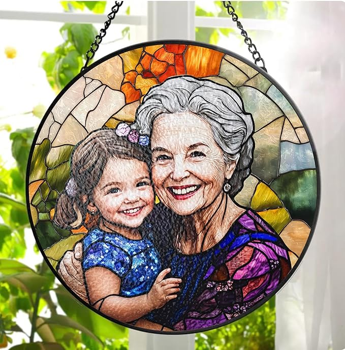 LOVELYPOD Personalized Grandma Stained Glass Sun Catcher, Photo Family Portrait Faux Window Hanging Ornament, Custom Photo...