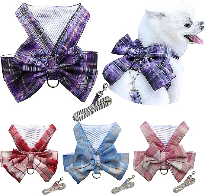 Petbuy Plaid Dog Dress Bow Tie Harness Leash Set,Dog Clothes Harness Dress with Leash Ring for Small Dogs Girl, Puppy Prin...