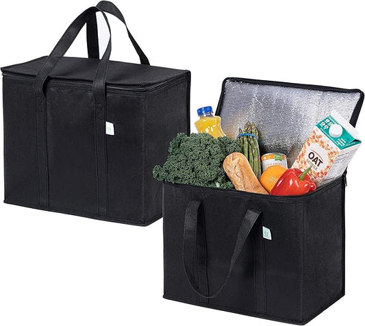 VENO 2 Pack Cooler Bags - Insulated for Food Delivery, Collapsible and Reusable Shopping Bags with Zipper, Foldable, Heav...