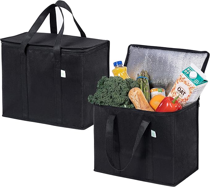 VENO 2 Pack Cooler Bags - Insulated for Food Delivery, Collapsible and Reusable Shopping Bags with Zipper, Foldable, Heav...
