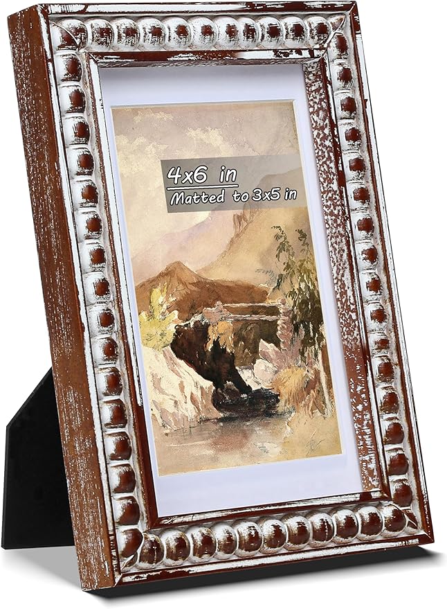 Gdfmsc 4x6 Rustic Picture Frame with Mat for 3x5, Decorative Distressed Beaded Wooden Real Glass, Vertical or Horizontal D...
