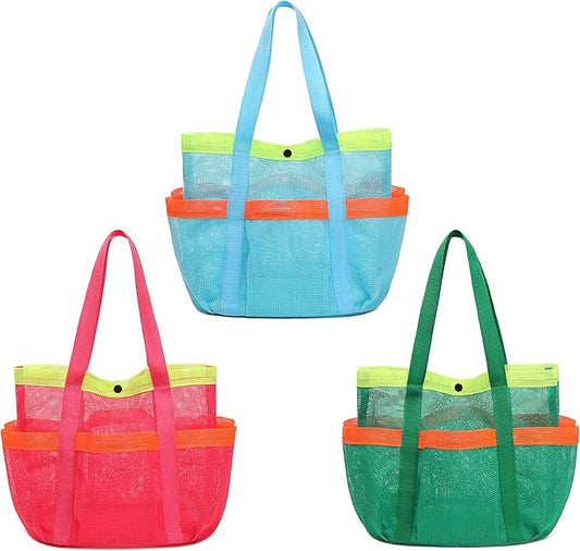 GQIRIL Mesh Beach Bag, Foldable Waterproof Sandproof Beach Storage Tote with 6 Pockets, Swim Tropical Vacation Pool Essential