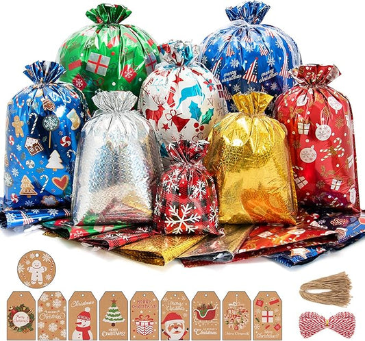 TIANSTIAL Christmas Gift Bags, 40Pcs Drawstring Gift Bags for Presents with 50Pcs Kraft Paper Tags and 2 Rolls 392in Ribbo...