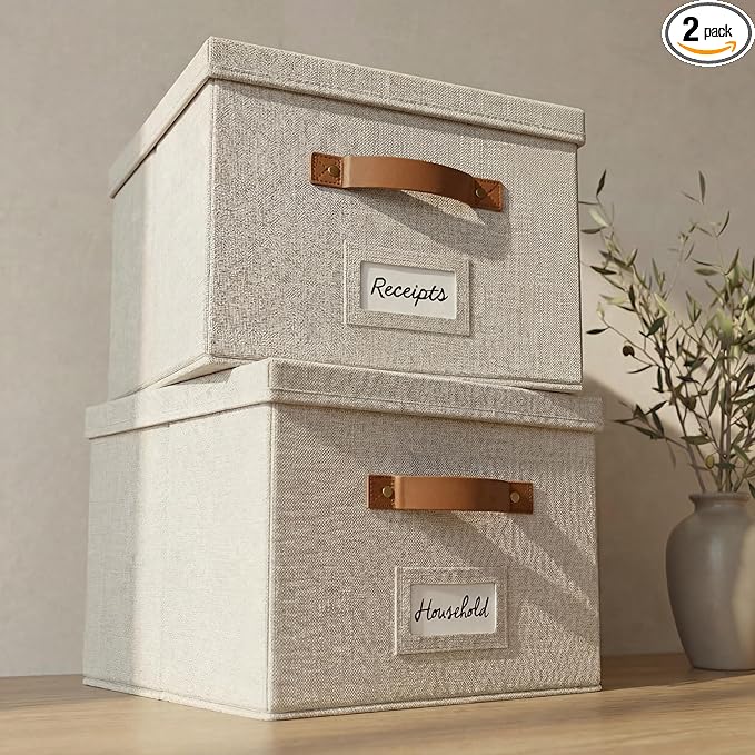 ZICOTO Decorative File Organizer Box Set of 2 - Collapsible Linen Filing Cabinets w/Handles Are Perfect to Store all Your ...