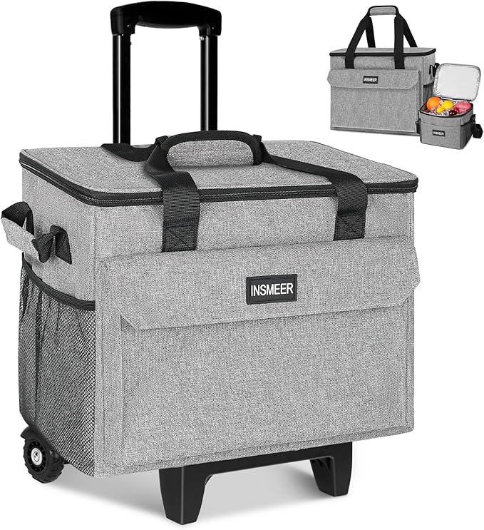 INSMEER Rolling Coolers with Mini Lunch Bag, 50 Cans Collapsible Hard Liner Cooler with Wheels, 2-in-1 Portable Trolley Ca...