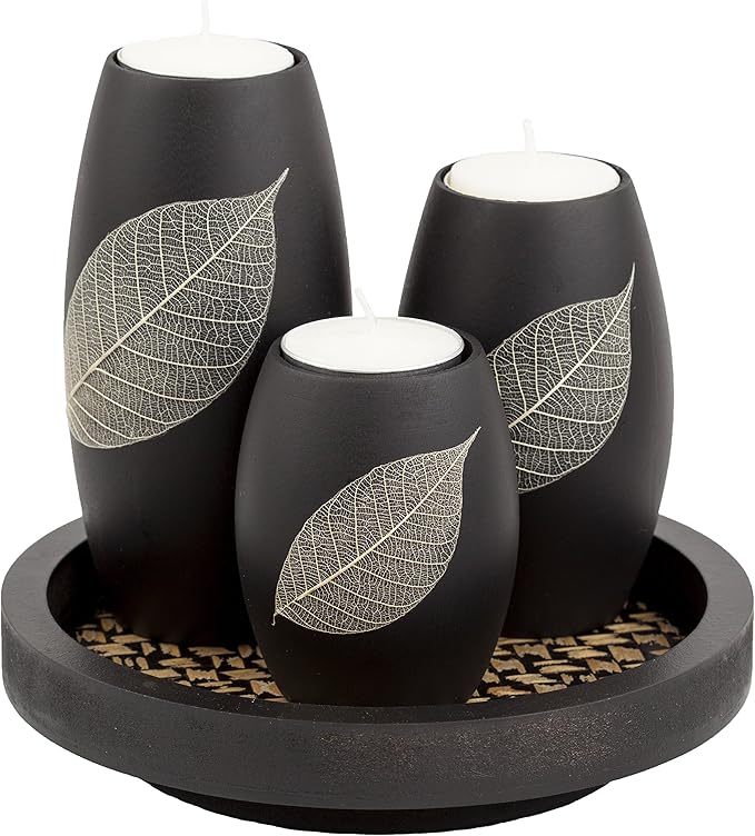 IYARA CRAFT Candle Holder Set with Tray – 3 Handmade Wood Tealight Holders, Black Leaf Design, Winter Home Décor, Spa-Insp...