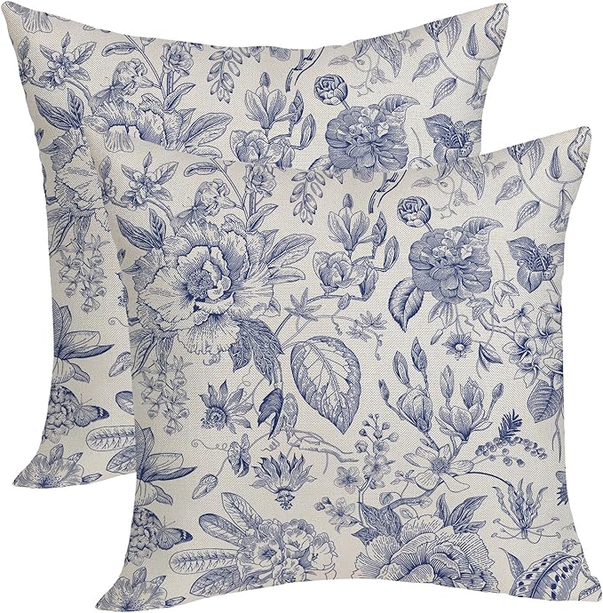 OFIRD Spring Pillow Covers 18x18 Pack of 2 Navy Blue Floral Throw Pillow Covers Outdoor Decoration Summer Flower Pillowcas...
