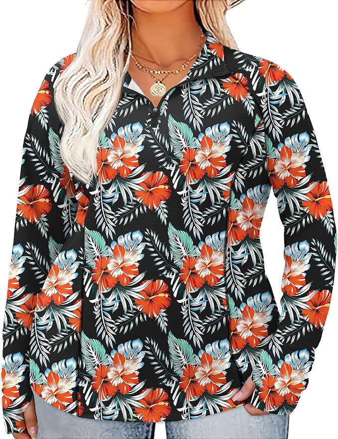 LOMON Womens Plus Size Workout Tops Long Sleeve 1/4 Zip UV Sun Protection Quick Dry Hiking Athletic Shirts Rash Guard UPF 50+