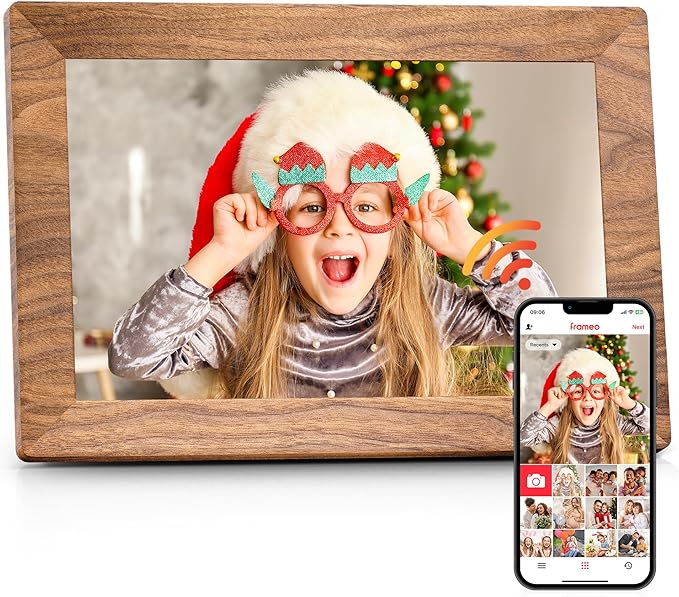 Frameo 10.1" Digital Picture Frame with 32GB Memory WiFi Electronic Photo Frame Wood 1280 x 800 IPS Touch Screen Auto-Rota...