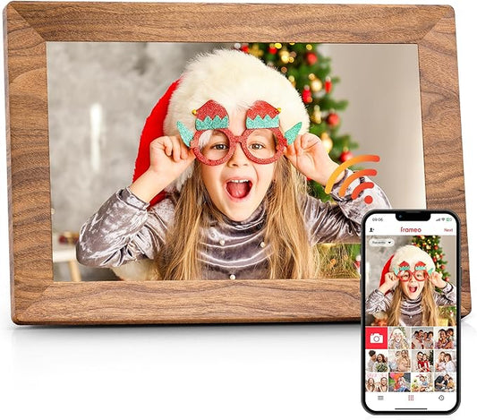 Frameo 10.1" Digital Picture Frame with 32GB Memory WiFi Electronic Photo Frame Wood 1280 x 800 IPS Touch Screen Auto-Rota...