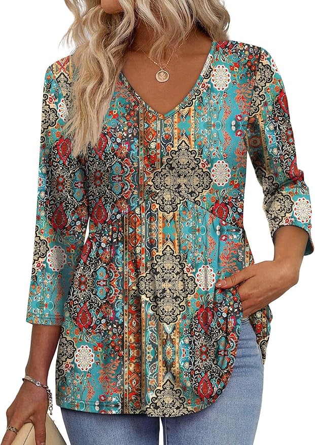 3/4 Length Sleeve Womens Tops 2025 Blouses for Women Dressy Casual Fashion Clothing V Neck Babydoll Tops Fall Outfits