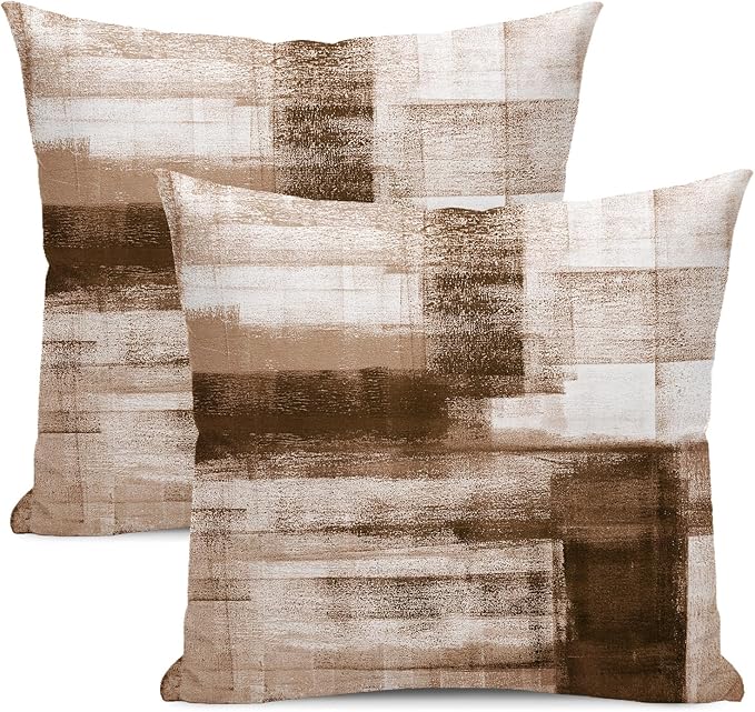 AEIOAE Brown Beige White Pillow Covers 20x20 Inch Set of 2,Abstract Art Throw Pillows Case,Modern Geometry Outdoor Decorat...