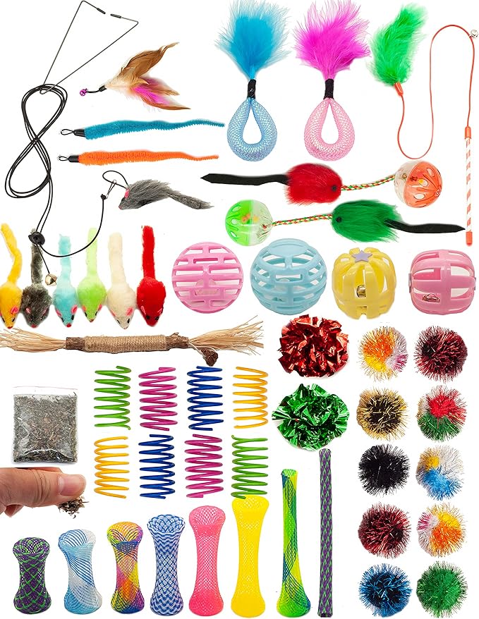 Fashion's Talk Cat Toys 50 Pcs for Indoor Cats,Interactive Door Hanging Mice Feather Toy Cat Spring Toy Cat Wand Catnip Cr...