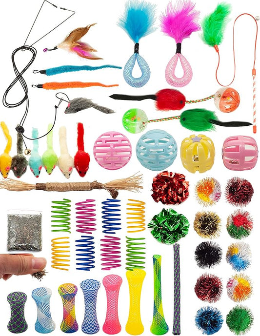 Fashion's Talk Cat Toys 50 Pcs for Indoor Cats,Interactive Door Hanging Mice Feather Toy Cat Spring Toy Cat Wand Catnip Cr...