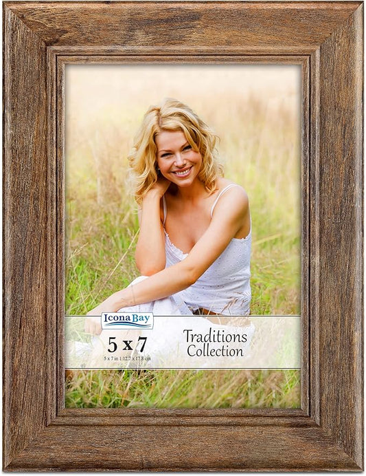 Icona Bay - 5x7 Chestnut Brown Picture Frame - Rustic Wood Pattern - Lightly Distressed Frame for Table Top Display or Wal...