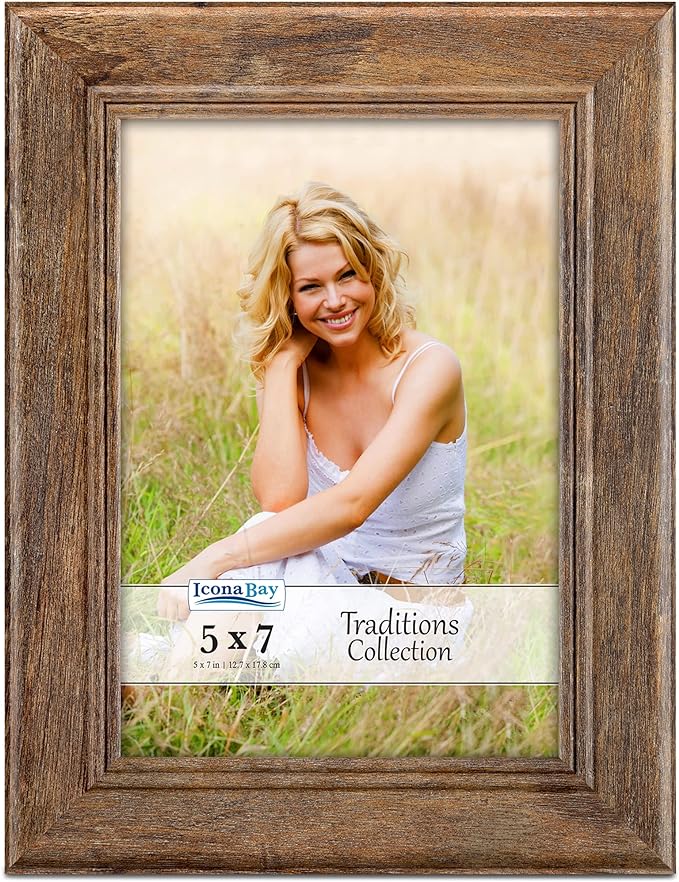 Icona Bay - 5x7 Chestnut Brown Picture Frame - Rustic Wood Pattern - Lightly Distressed Frame for Table Top Display or Wal...
