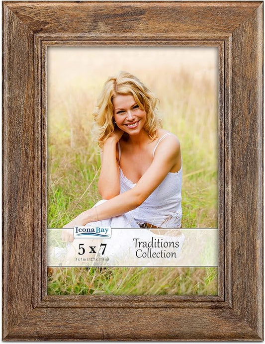 Icona Bay - 5x7 Chestnut Brown Picture Frame - Rustic Wood Pattern - Lightly Distressed Frame for Table Top Display or Wal...