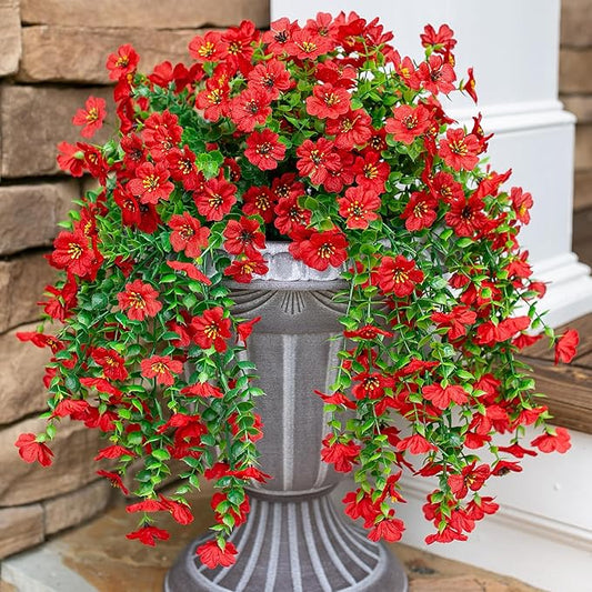 HyeFlora Artificial Hanging Flowers for Outdoors Decoration, 2Pcs Red Fake Spring Summer Decor, Realistic Plants, UV & Fad...