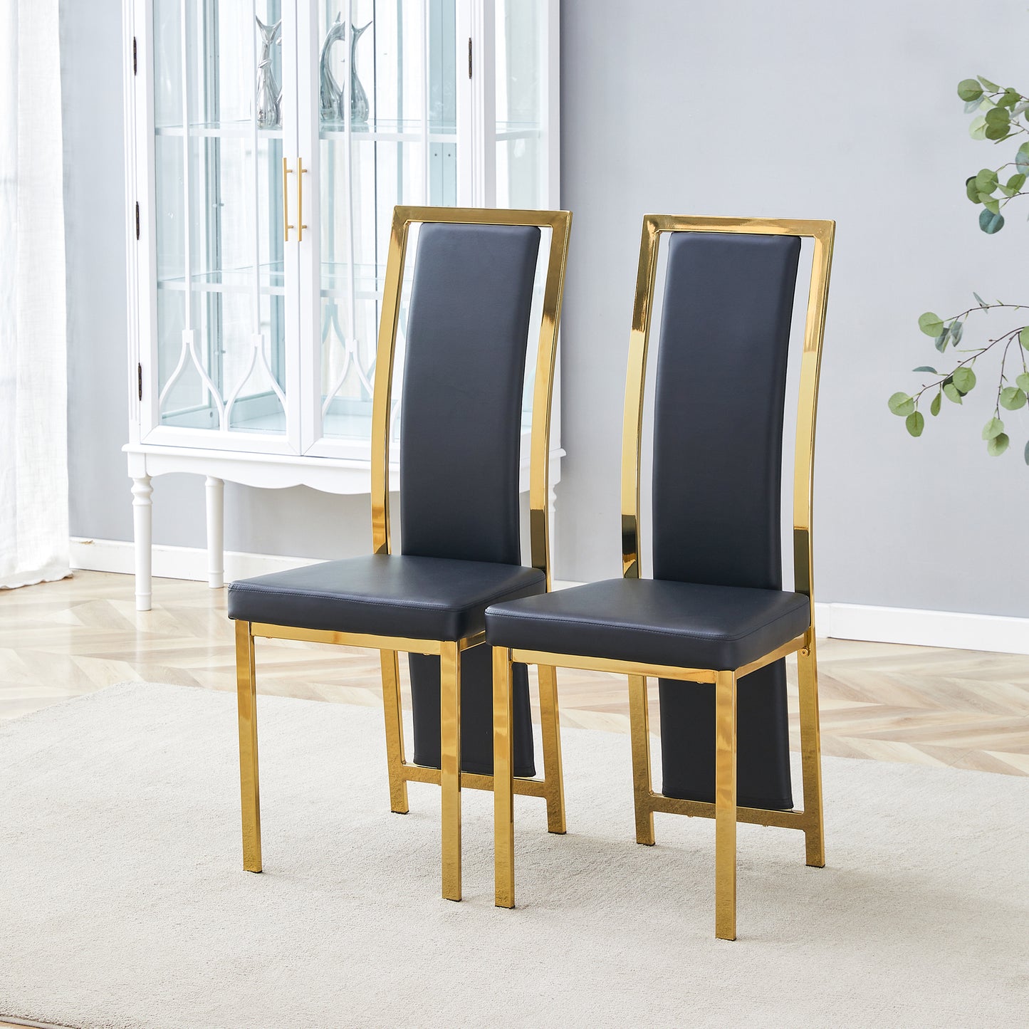 Set Of 2 European Minimalist Dining Chairs With Gold Edge. Black PU Leather  Gold Luster Metal Frame, 109cm High, For Versatile Uses Such As Dining Room, Office, Etc.